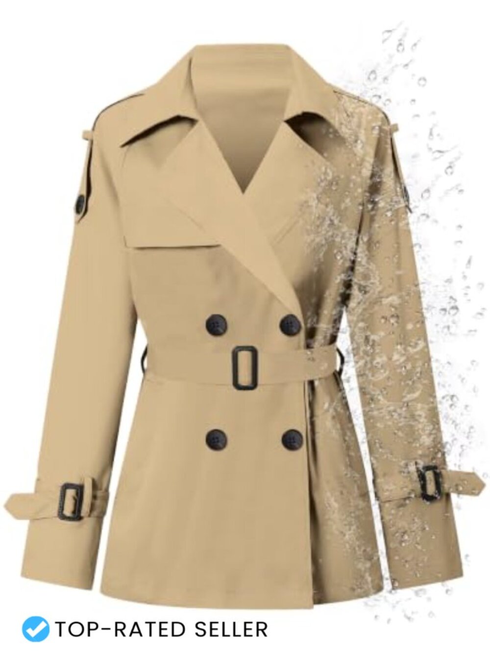 Women's Water-Repellent Double Breasted Belted Short Trench Coat